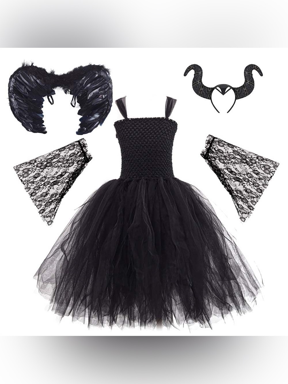 Evil Queen Costume GIRLS Size 11-12 Tulle Dress Wings Headpiece Sleeve Halloween